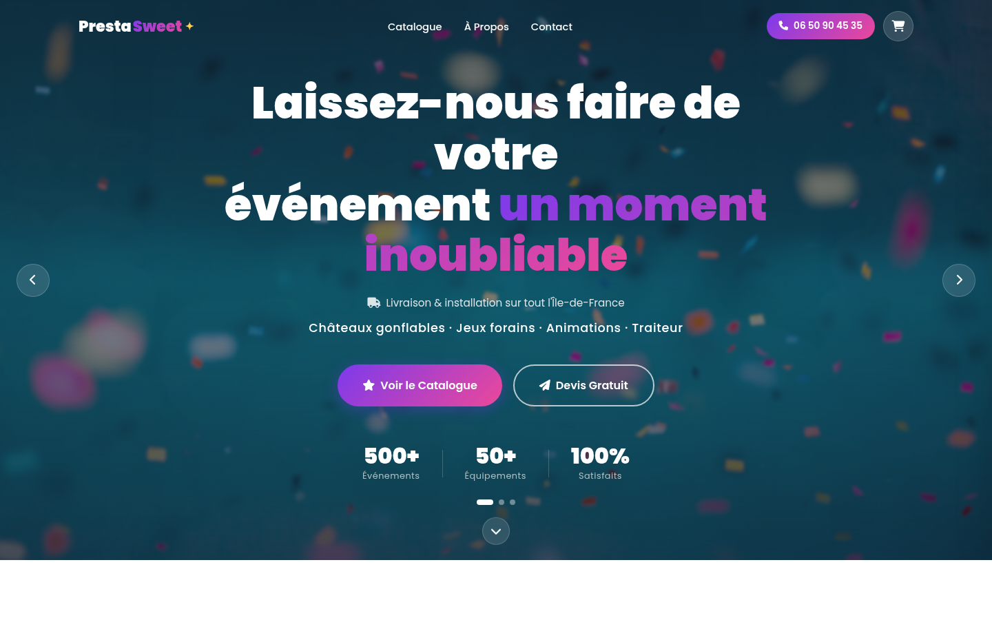 Capture d'écran du site Presta Sweet, entreprise d'événementiel dans l'Oise et la Somme